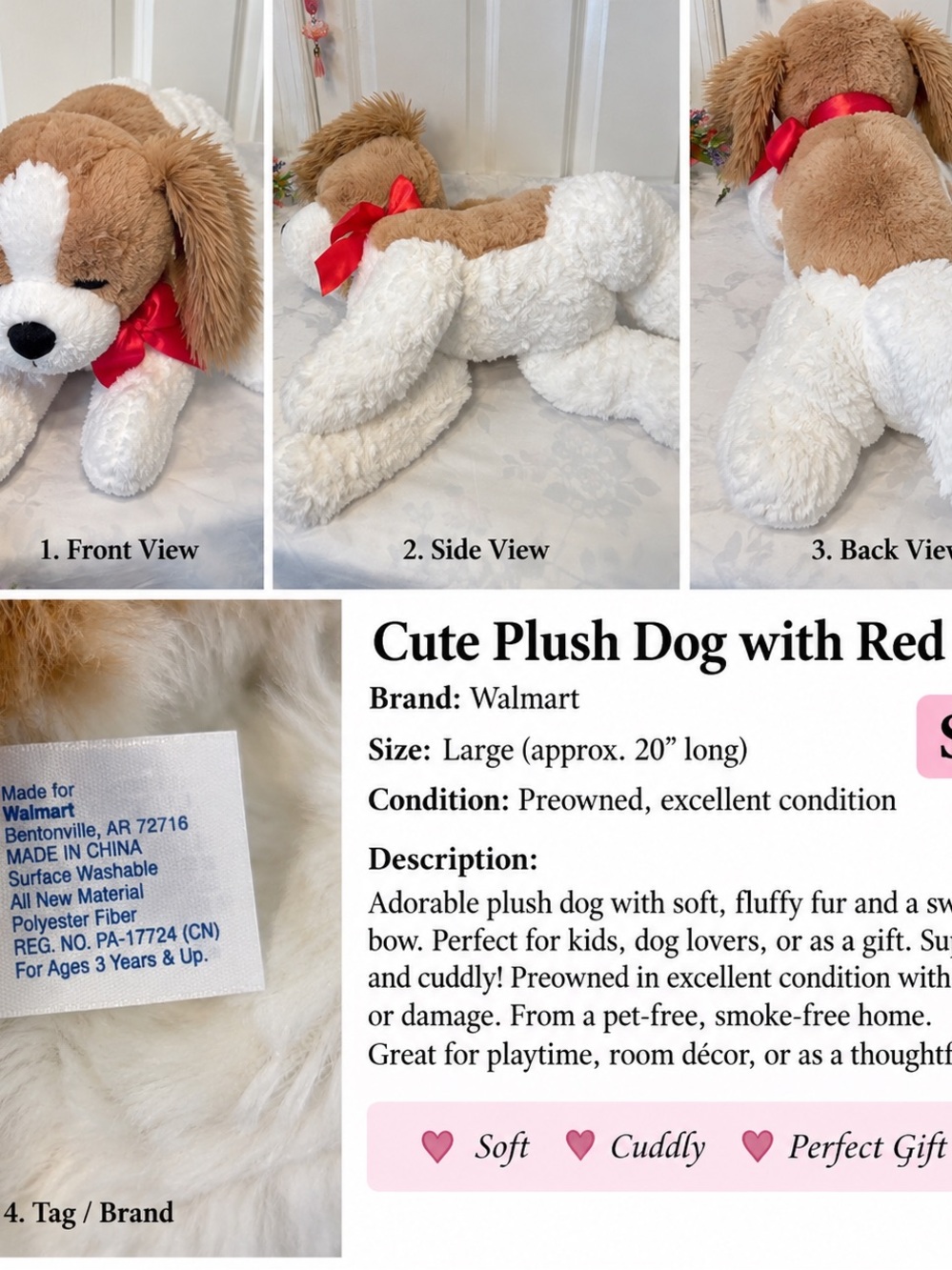 Large Brown & White Plush Dog with Red Bow – Soft Stuffed Animal